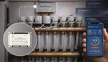 Precíz zónavezérlés a gyakorlatban: A Milesight WS558 intelligens kontroller közvetlenül az osztó-gyűjtő szelepmozgatóit irányítja. A 8 csatornás kialakítás lehetővé teszi több független fűtési kör egyidejű, szoftveres szabályozását a mért hőmérsékleti adatok alapján.