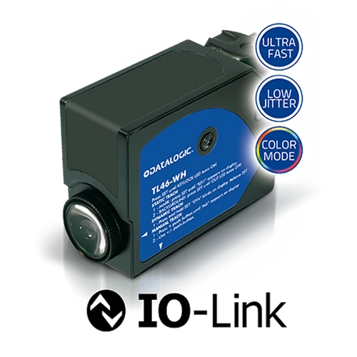 Datalogic ultra nagy sebességű optikai kontraszt érzékelő, 70 kHz kapcsolási frekvencia, 3us jitter  Sn:12 mm, Beállító gomb 4 LED, Kijelző, IO-Link PP/PNP/NPN, vertikális LED R.G.B fény,  TL46-WH-815-PZ