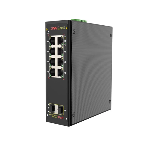 ONV-IPS33108PF Ipari Switch 8 x Gigabit Ethernet POE port és 2 x SFP port | Integrált DIN rögzítés 