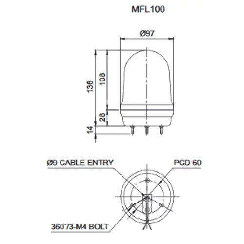 MFL100 LED Multifunkciós fényjelző, állandó/villogó/stroboszkóp/forgó fény piros DC12-24V, IP65