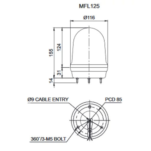 MFL125 LED Multifunkciós fényjelző, állandó/villogó/stroboszkóp/forgó fény piros DC12-24V, IP65
