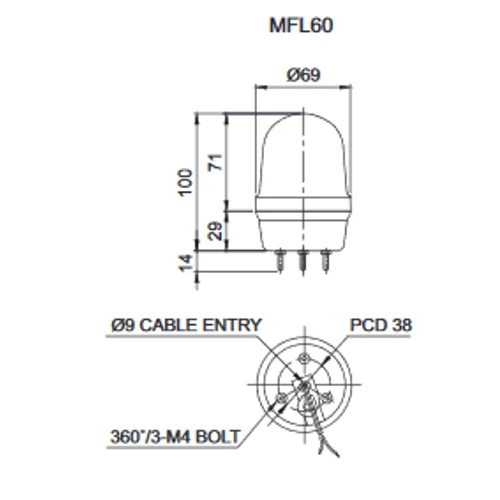 MFL60 LED Multifunkciós fényjelző, állandó/villogó/stroboszkóp/forgó fény narancssárga DC12-24V, IP65