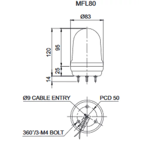 MFL80 LED Multifunkciós fényjelző, állandó/villogó/stroboszkóp/forgó fény piros DC12-24V, IP65