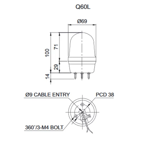 Q60L LED Fényjelző, állandó/villogó piros DC12-24V, IP65