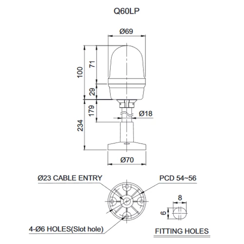Q60L LED Fényjelző, állandó/villogó narancssárga DC12-24V, IP65, talpas konzol