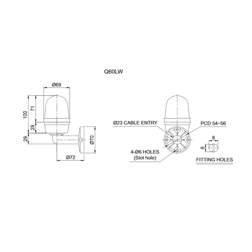 Q60L LED Fényjelző, állandó/villogó narancssárga DC12-24V, IP65 Falra szerelhető