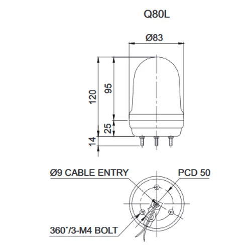 Q80L LED Fényjelző, állandó/villogó narancssárga DC12-24V, IP65