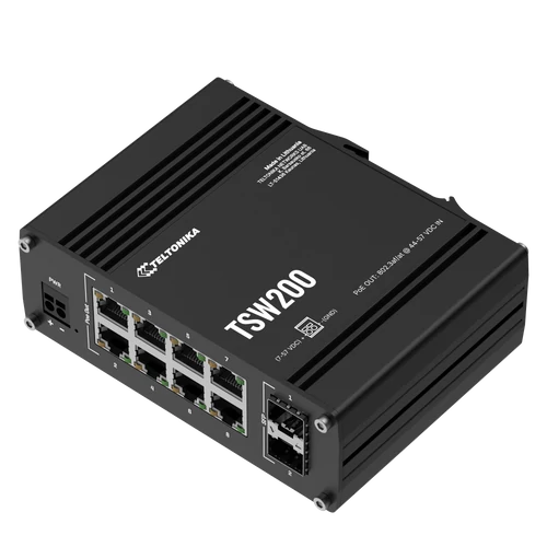 TSW200 Ipari Switch 8 x Gigabit Ethernet port és 2 x SFP port POE+ | Integrált DIN rögzítés